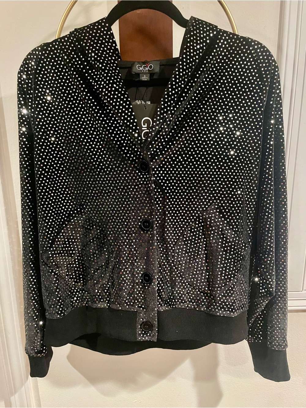 GiGiO USA Polka Dot Bomber Jacket in Black & Silver Size Small NWT